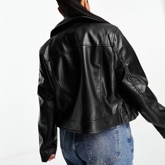 New ASOS Curve Faux Leather Biker Jacket Moto Chic Black Versatile - Picture 9 of 9